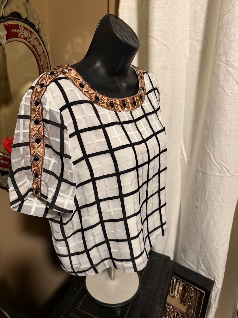 bebe White and Black Grid Short Sleeve Top with Bronze Trim